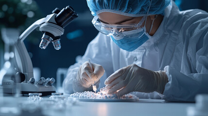 A cutting-edge pharmacy research lab with scientists wearing protective gear, working with microscopes.