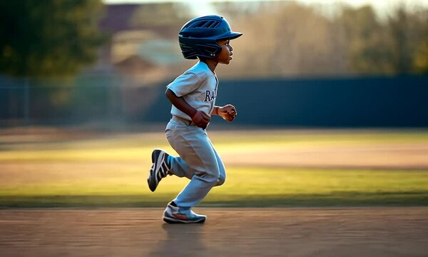 A child in a baseball uniform runs energetically on a field.