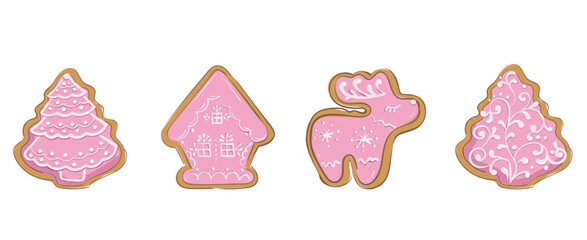Set of winter sweet spice biscuits in in the form of deer, house and new year tree isolated on white background. Christmas Gingerbread Cookies. Cute Cartoon vector illustration for greeting card.