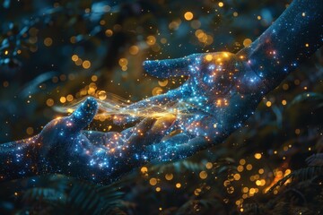 Stunning Cosmic Connection Between Two Ethereal Hands in a Dreamlike Galaxy With Glowing Stars and Mystical Atmospherecosmic