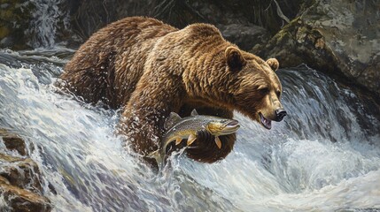 Obraz premium A large brown bear catches a salmon in a rushing river. (1)