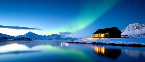 A serene winter landscape featuring a cozy cabin by a reflective lake, illuminated under the beautiful northern lights in a snow-covered setting.