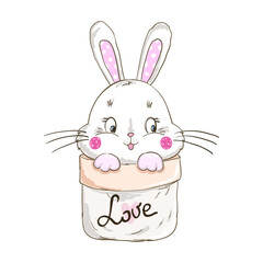 Hand drawn bunny sitting in a pocket with the inscription love. Vector illustration in cartoon style