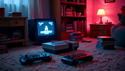Nostalgic 90s gaming scene with retro console in cozy living room setting