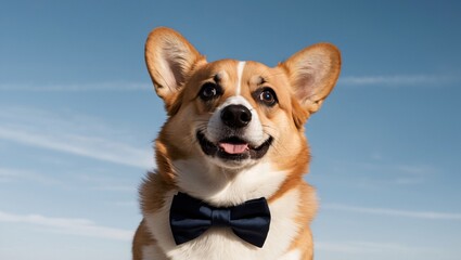 Dapper Corgi with Mischievous Glint Against a Bright Sky, Showcasing Playful Spirit and Stylish Bow Tie in a Delightful Portrait