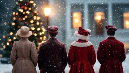 A snowy scene featuring four people in vintage holiday attire, enjoying a festive atmosphere with a decorated Christmas tree in the background.