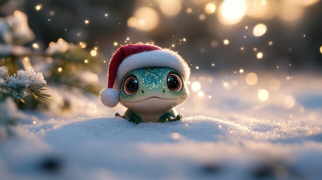 A cute green gecko wearing a Santa hat sits in the snow with a bokeh background.