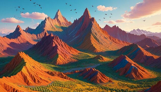 A colorful clay mountain range where every peak has a grin and birds sing with glee in the sky above, Generative AI