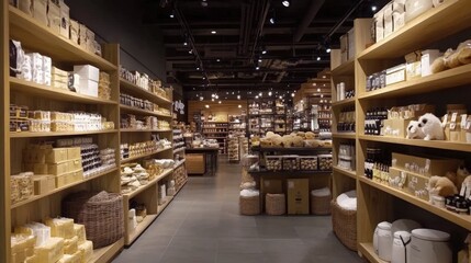 Obraz premium A well-lit aisle in a store with shelves stocked with various products.