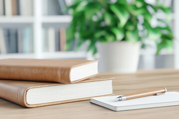 Cozy Study Nook: A stack of elegant leather-bound books and a notebook rest on a warm wooden desk, next to a pen, creating a scene of quiet contemplation and intellectual pursuit.