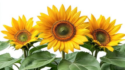 Obraz premium Three vibrant sunflowers against a white background.