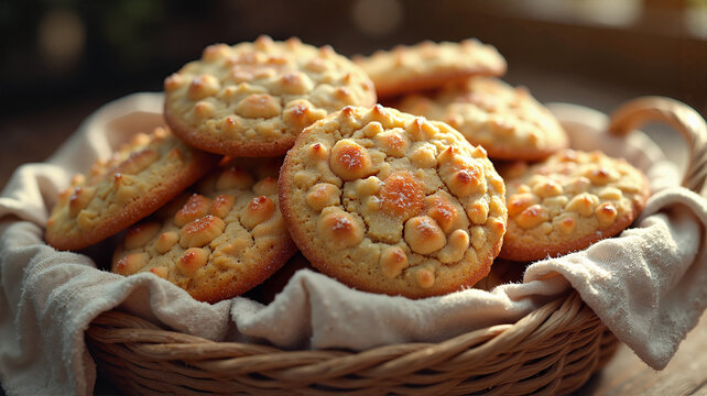 Golden pine nut cookies in rustic wicker basket