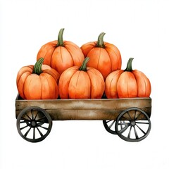 A wooden cart filled with five vibrant pumpkins, showcasing their bright orange color and green stems, perfect for autumn decoration. watercolor, isolated on white background.