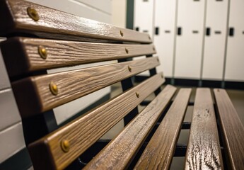 Obraz premium Close-up of Wooden Bench in Locker Room