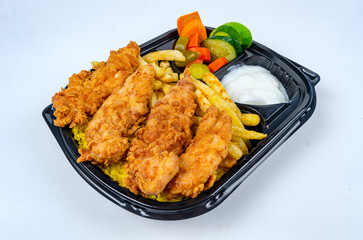 Syrian style grilled chicken meal on a white background
