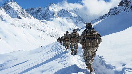 A group of soldiers in camouflage uniforms trek through a snowy mountain range.