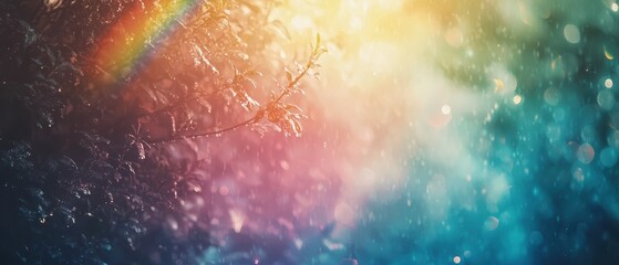 Create a dreamy atmosphere with blurry rainbow-colored light flares in nature photography