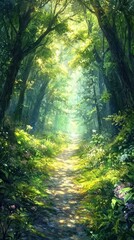 Fototapeta premium Explore the enchanting blurry forest path bathed in sunlight filtering through trees