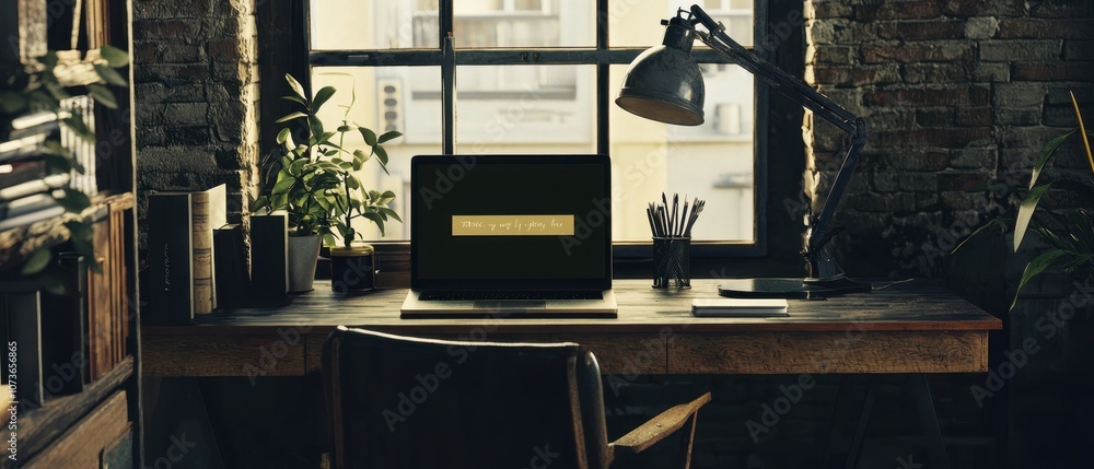 Poster create an inspiring workspace a desk with an empty space and a laptop displaying motivation