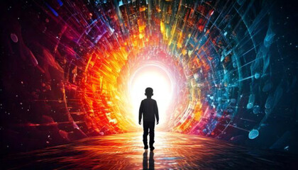 Fototapeta premium Whimsical Silhouette of a Child Emerging Through a Colorful, Ethereal Portal