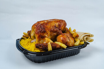 Syrian style grilled chicken meal on a white background
