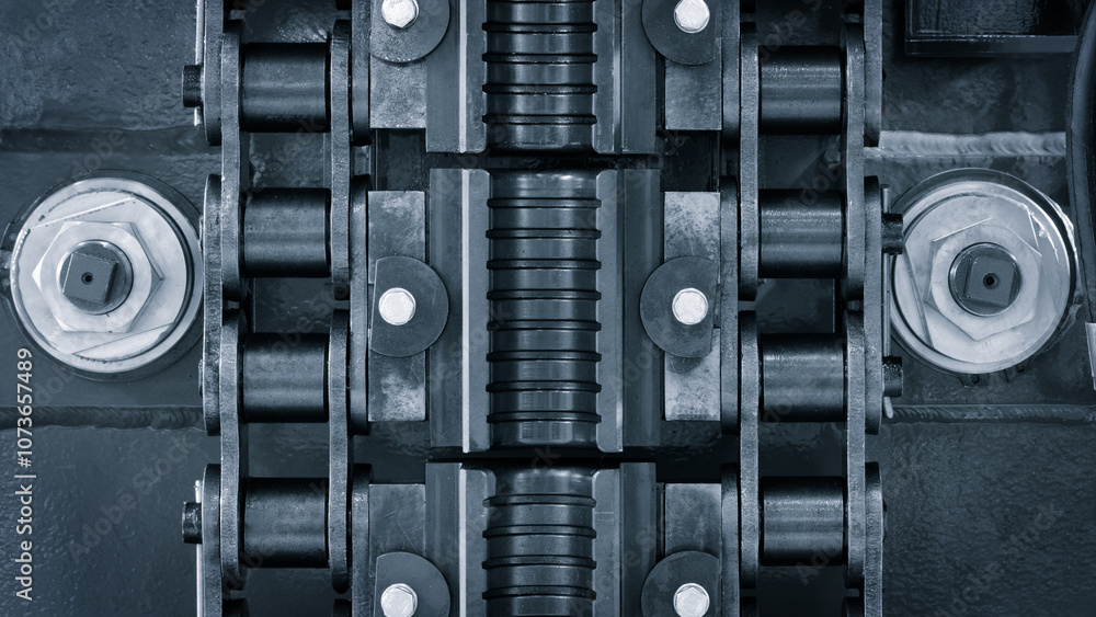Poster A machine with many gears and bolts. Concept of complexity and precision. The black and white color scheme adds to the overall mood of the image, giving it a more industrial and mechanical feel