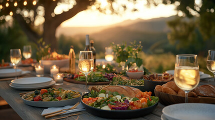 An elegant outdoor dinner setting at sunset, featuring fresh salads, bread, and wine, creating a warm atmosphere of togetherness and rustic charm.