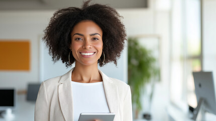 A confident businesswoman smiles warmly in a modern office setting, embodying professionalism and empowerment with a bright, inspiring energy.