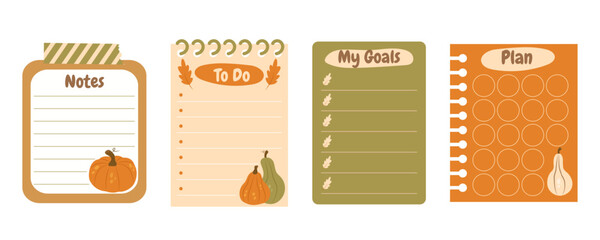 Vector autumn cozy paper notes on stickers. Daily planner element scrapbooking template. Cute notes for diary, weekly or daily planners, to do lists, notebooks, organizers, plans. 