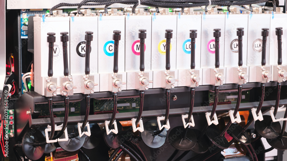 Poster a printer is printing a colorful design on a piece of paper. the design features a series of squares