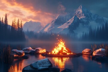 Mesmerizing Campfire in Serene Snowy Mountain Landscape at Dusk