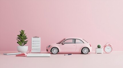 Car loan calculator, car model and loan agreement, 3D illustration