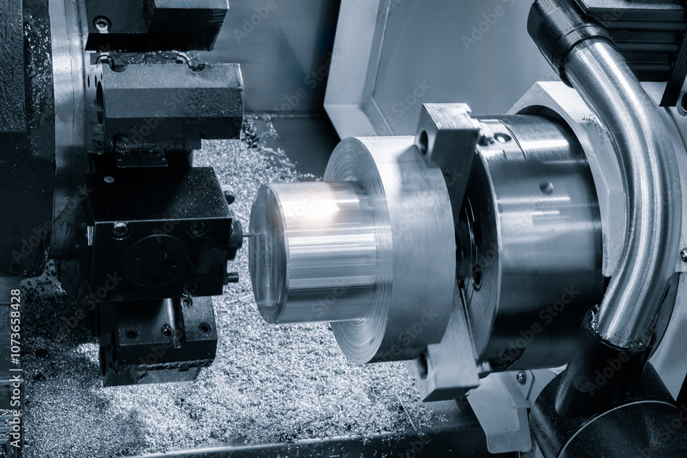 Poster a machine is grinding a metal piece. the grinding process is taking place in a factory. the machine 