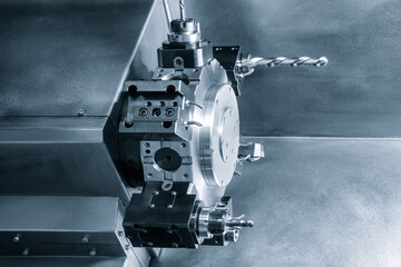 Programmable modern cnc digital  digital program machineManufacturing professional metalworking machine. Industrial metalworking concept background