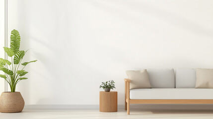 A serene minimalist living room with a neutral palette, featuring a light wood sofa, woven plant basket, and natural accents, creating a calm, inviting space.