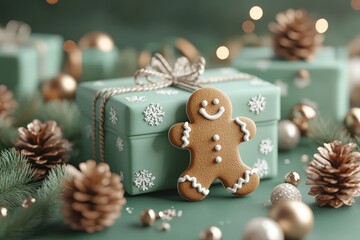 Green and White Gift Boxes with Gingerbread Man and Pine Cones on Green Background. Highly Detailed 3D Rendering, Close-Up.