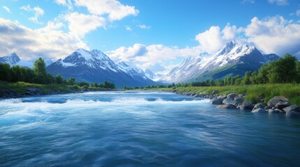 A serene landscape featuring a tranquil river surrounded by majestic mountains and lush greenery under a bright blue sky, Ideal for travel brochures, nature-themed articles, and relaxation imagery,