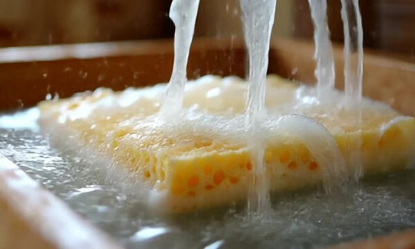 A close-up of a sponge being washed with bubbles and water.