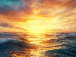 Fototapeta premium A vibrant sunset over ocean waves, showcasing rich colors of orange and blue, Ideal for use in travel brochures, calming backgrounds, or beach-themed content,