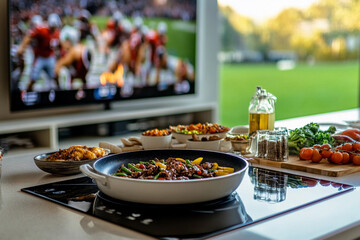 A delicious meal being cooked in a kitchen with a football game on TV.