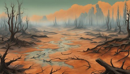 A desolate landscape with a dried-up riverbed and skeletal trees, illuminated by a hazy orange sky.