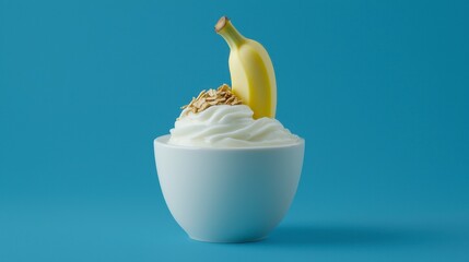 Creamy Dessert Bowl with Whipped Cream, Slices of Fresh Banana, and Crunchy Oats on a Vibrant Blue Background for a Delightful Treat Presentation