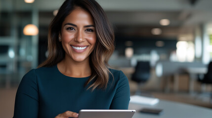 Confident Female Executive Smiling in Office Setting with Digital Tablet