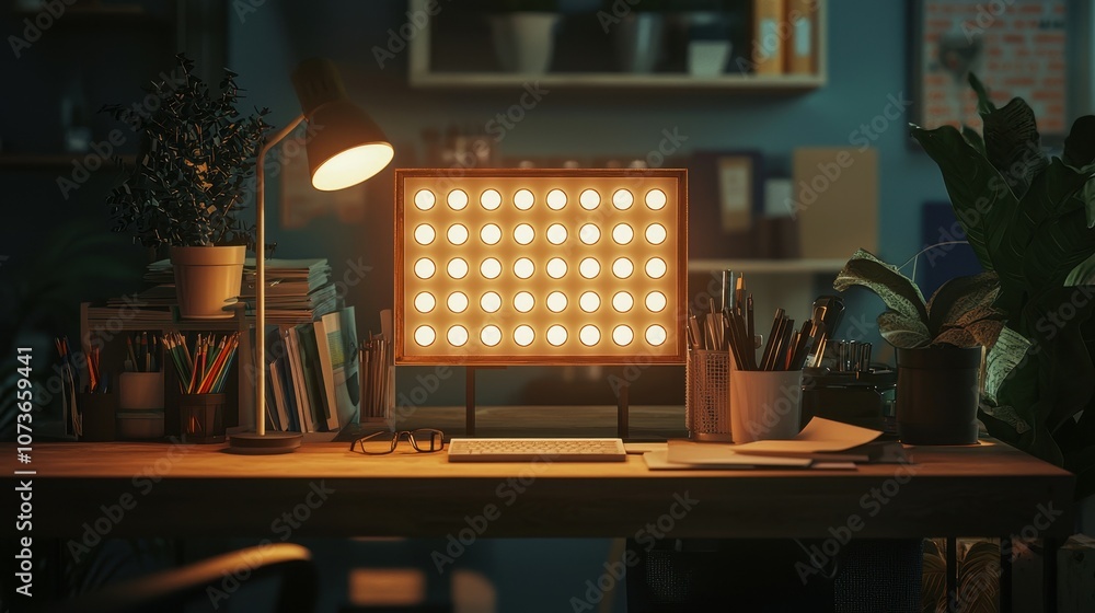 Poster create an inspiring workspace with a desk featuring a motivational lightbox