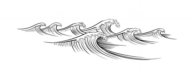 A black and white illustration of powerful waves crashing.