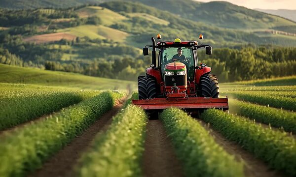 A tractor working in a lush green field during farming season.
