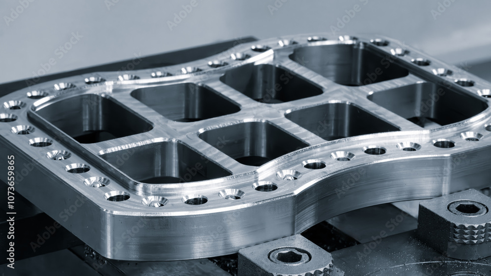 Aufkleber Shiny metal part with multiple holes fixed on table of CNC metalworking machine, industrial metalworking concept background
