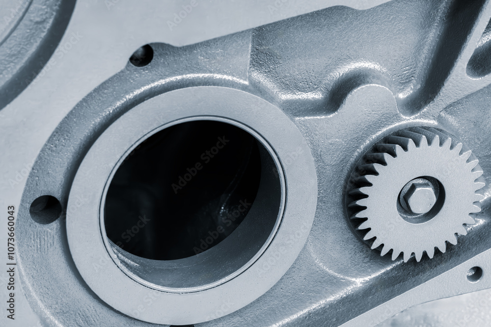 Poster a close up of a gear with a hole in the middle. the gear is silver and has a few small holes around 
