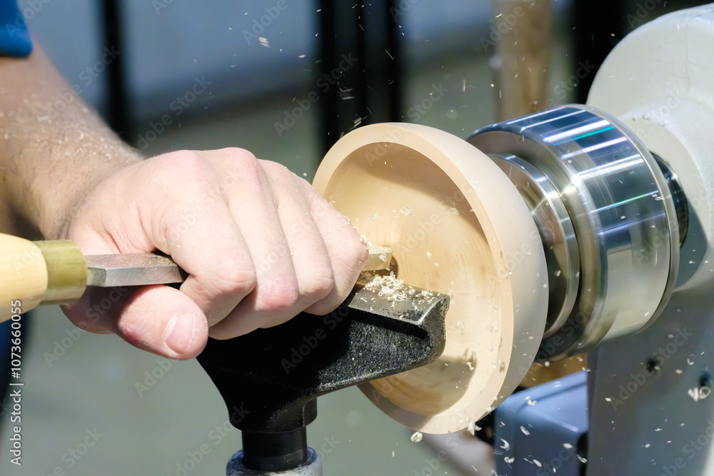 Poster a man is carving a wooden object with a knife. concept of craftsmanship and dedication to the task a