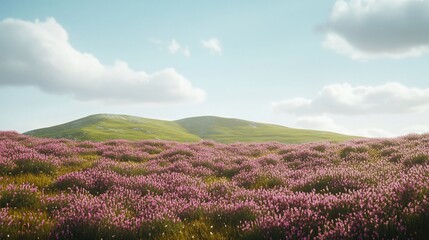 A field of purple wildflowers blooms beneath a blue sky with white clouds, rolling green hills in the distance.